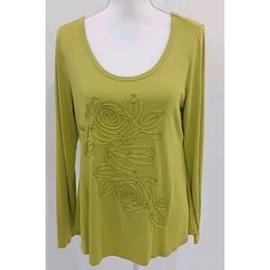 Soft Surroundings Chartreuse Green Rosette Applique Scoop Neck‎ Top Medium 26281